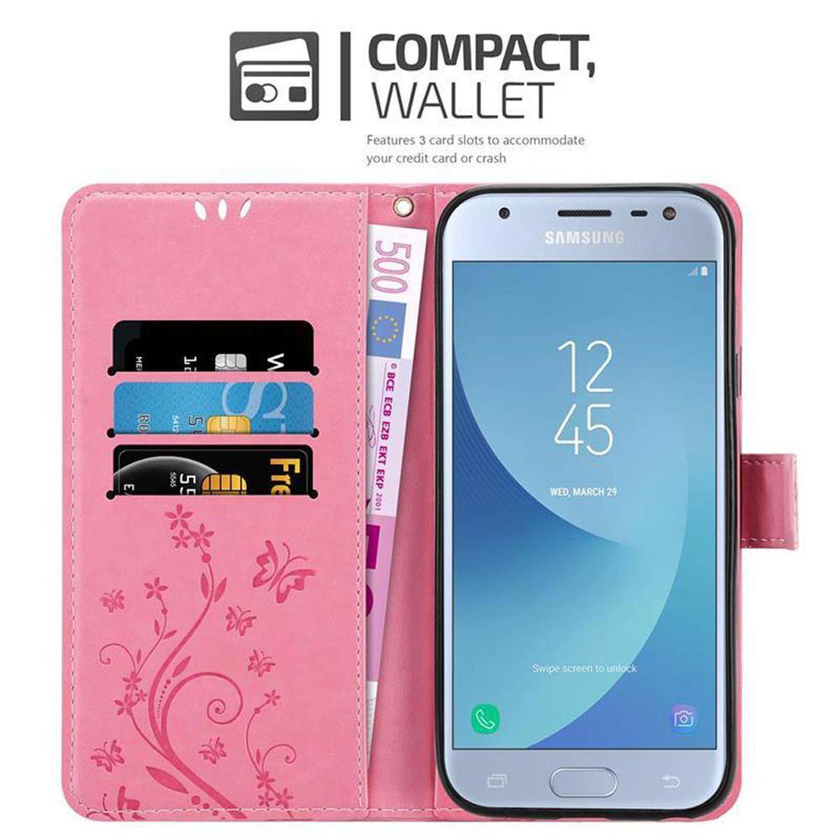 Cadorabo Hülle für Samsung Galaxy J3 2017 Schutz Hülle in Rosa Schutzhülle Handy Hülle Etui Case Blumen Flower