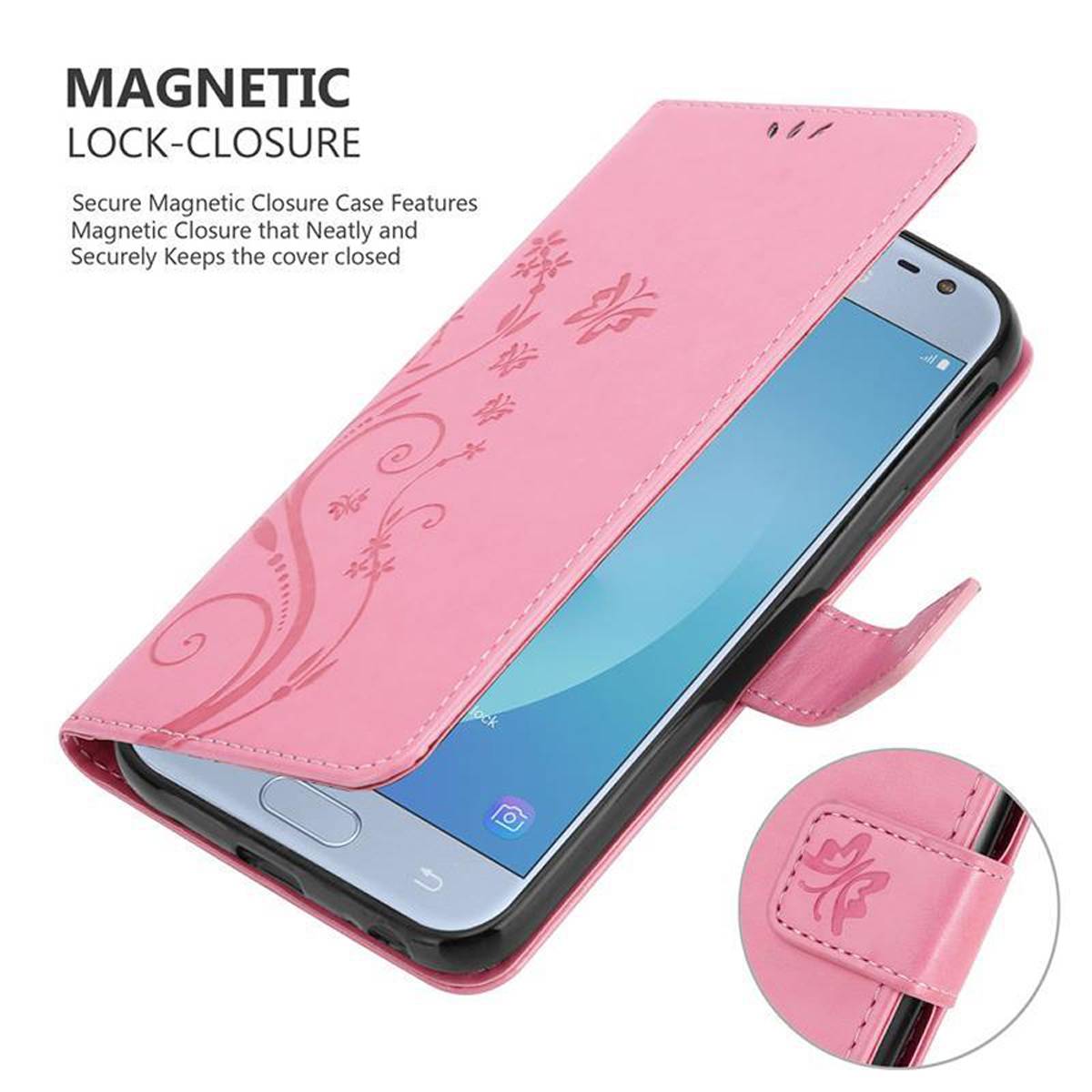 Cadorabo Hülle für Samsung Galaxy J3 2017 Schutz Hülle in Rosa Schutzhülle Handy Hülle Etui Case Blumen Flower