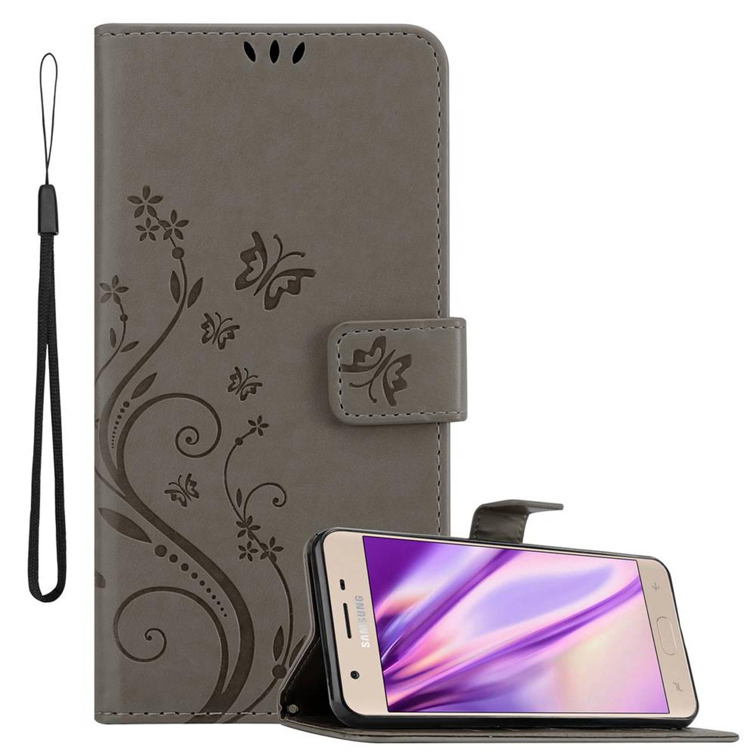 Cadorabo Hülle für Samsung Galaxy J3 2018 Schutz Hülle in Grau Schutzhülle Handy Hülle Etui Case Blumen Flower