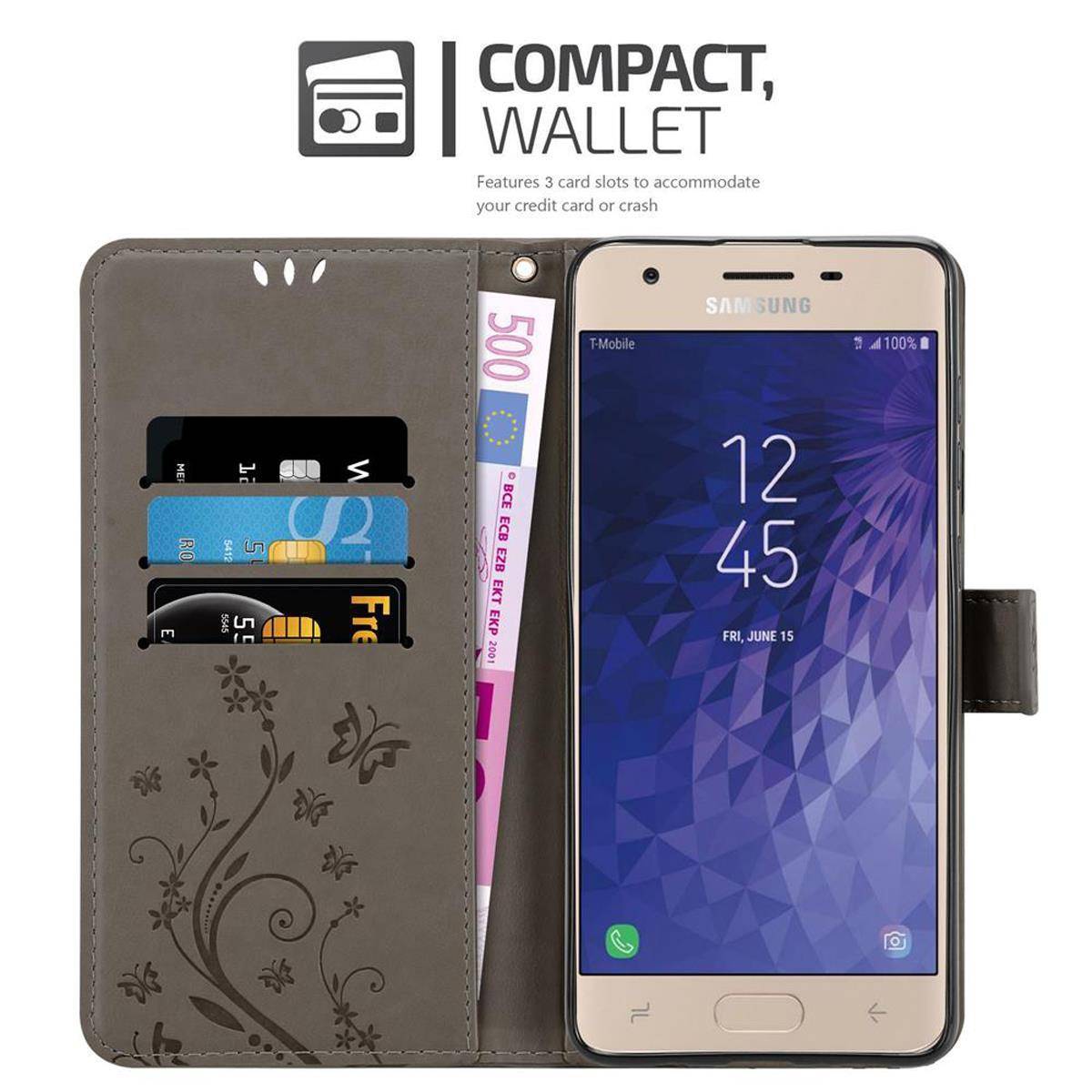 Cadorabo Hülle für Samsung Galaxy J3 2018 Schutz Hülle in Grau Schutzhülle Handy Hülle Etui Case Blumen Flower