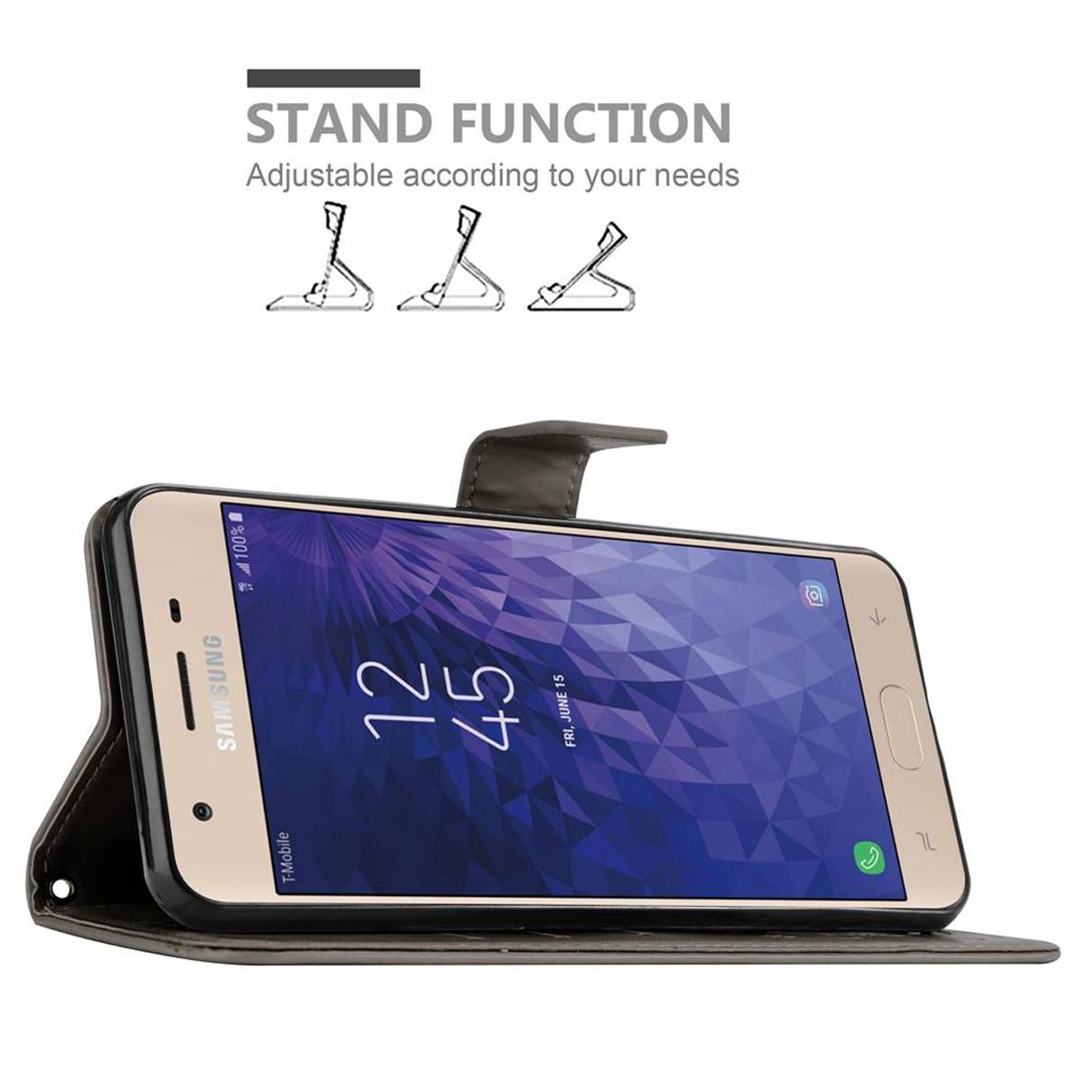 Cadorabo Hülle für Samsung Galaxy J3 2018 Schutz Hülle in Grau Schutzhülle Handy Hülle Etui Case Blumen Flower