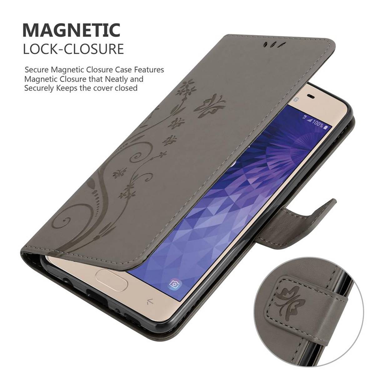 Cadorabo Hülle für Samsung Galaxy J3 2018 Schutz Hülle in Grau Schutzhülle Handy Hülle Etui Case Blumen Flower