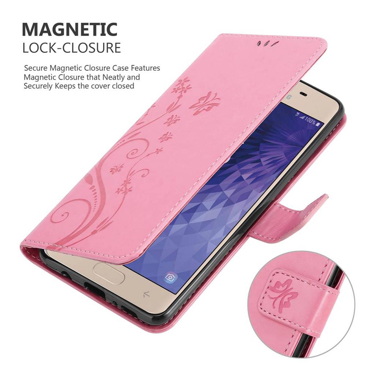 Cadorabo Hülle für Samsung Galaxy J3 2018 Schutz Hülle in Rosa Schutzhülle Handy Hülle Etui Case Blumen Flower