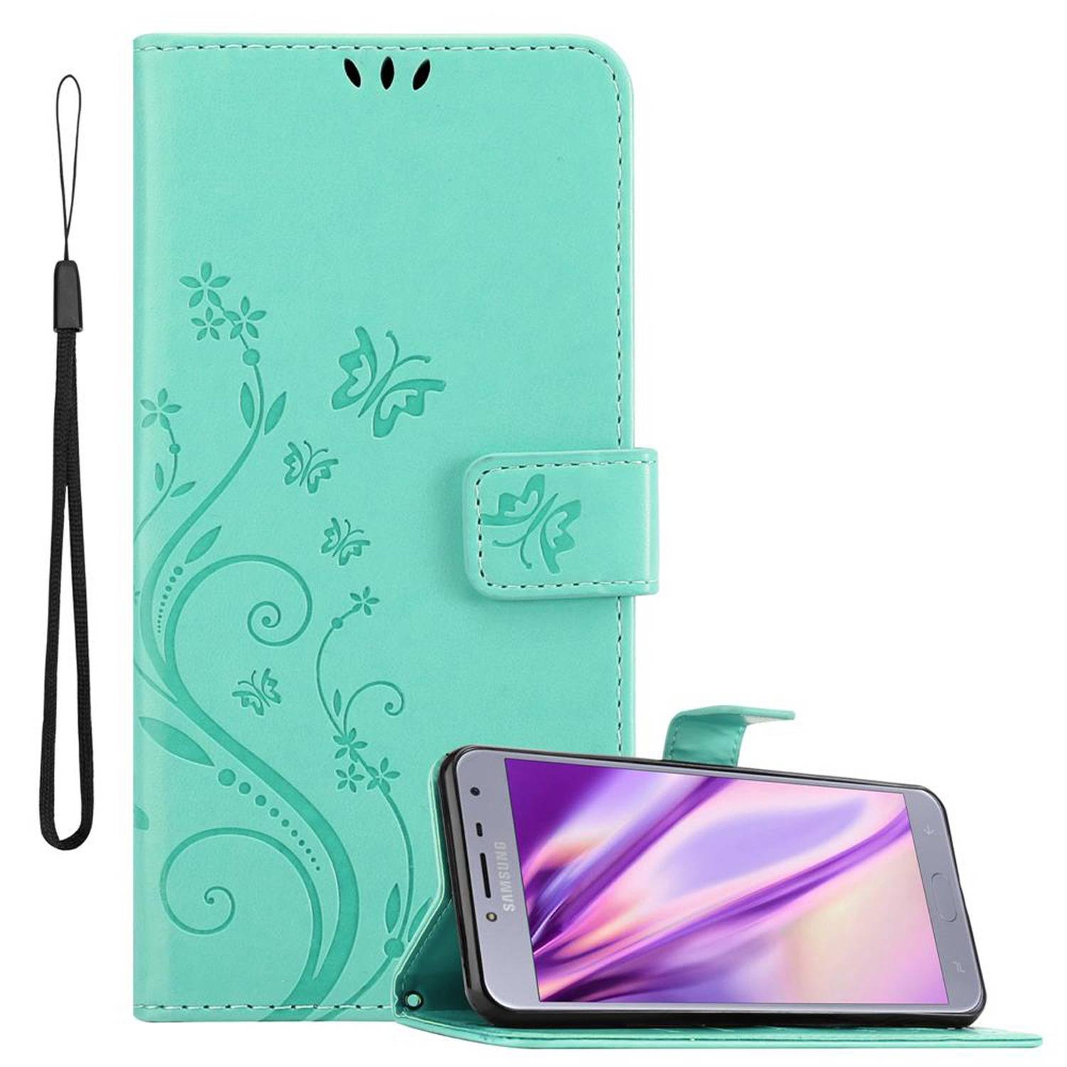 Cadorabo Hülle für Samsung Galaxy J4 2018 Schutz Hülle in Türkis Schutzhülle Handy Hülle Etui Case Blumen Flower