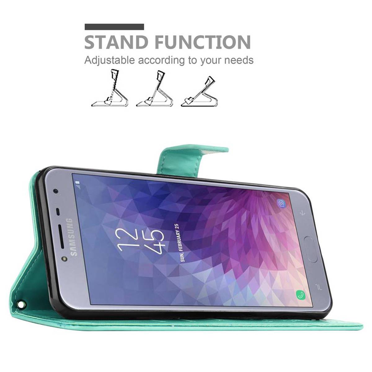 Cadorabo Hülle für Samsung Galaxy J4 2018 Schutz Hülle in Türkis Schutzhülle Handy Hülle Etui Case Blumen Flower