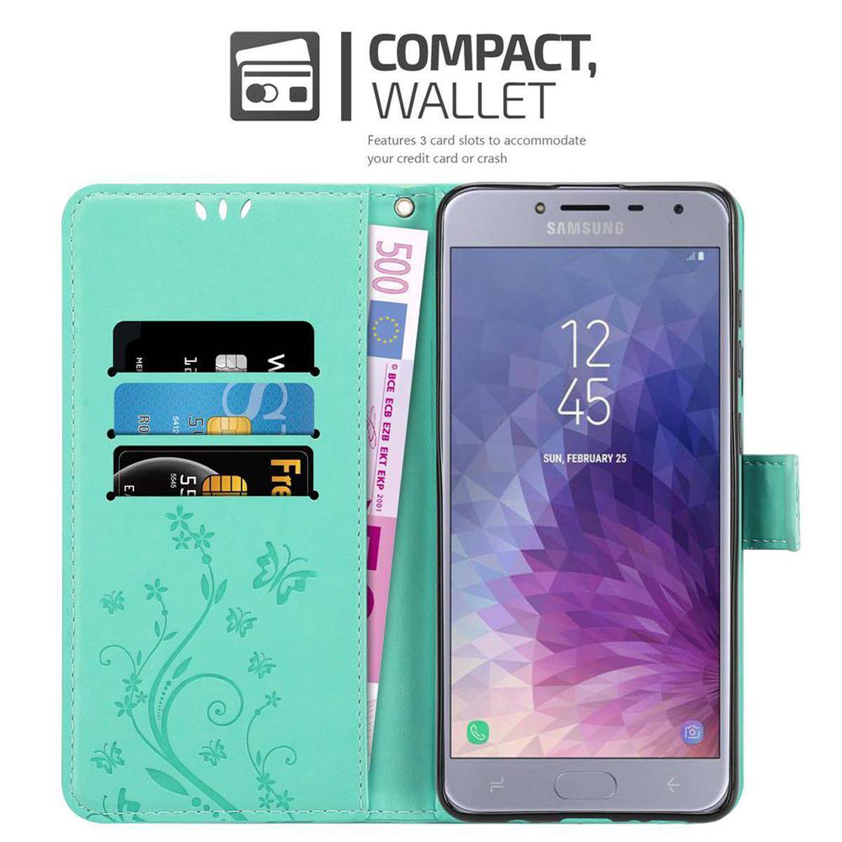 Cadorabo Hülle für Samsung Galaxy J4 2018 Schutz Hülle in Türkis Schutzhülle Handy Hülle Etui Case Blumen Flower