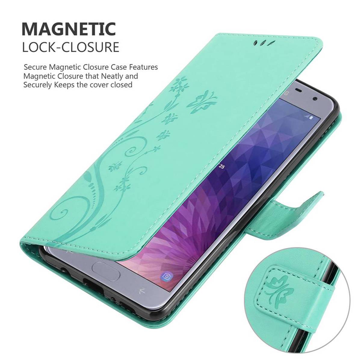 Cadorabo Hülle für Samsung Galaxy J4 2018 Schutz Hülle in Türkis Schutzhülle Handy Hülle Etui Case Blumen Flower