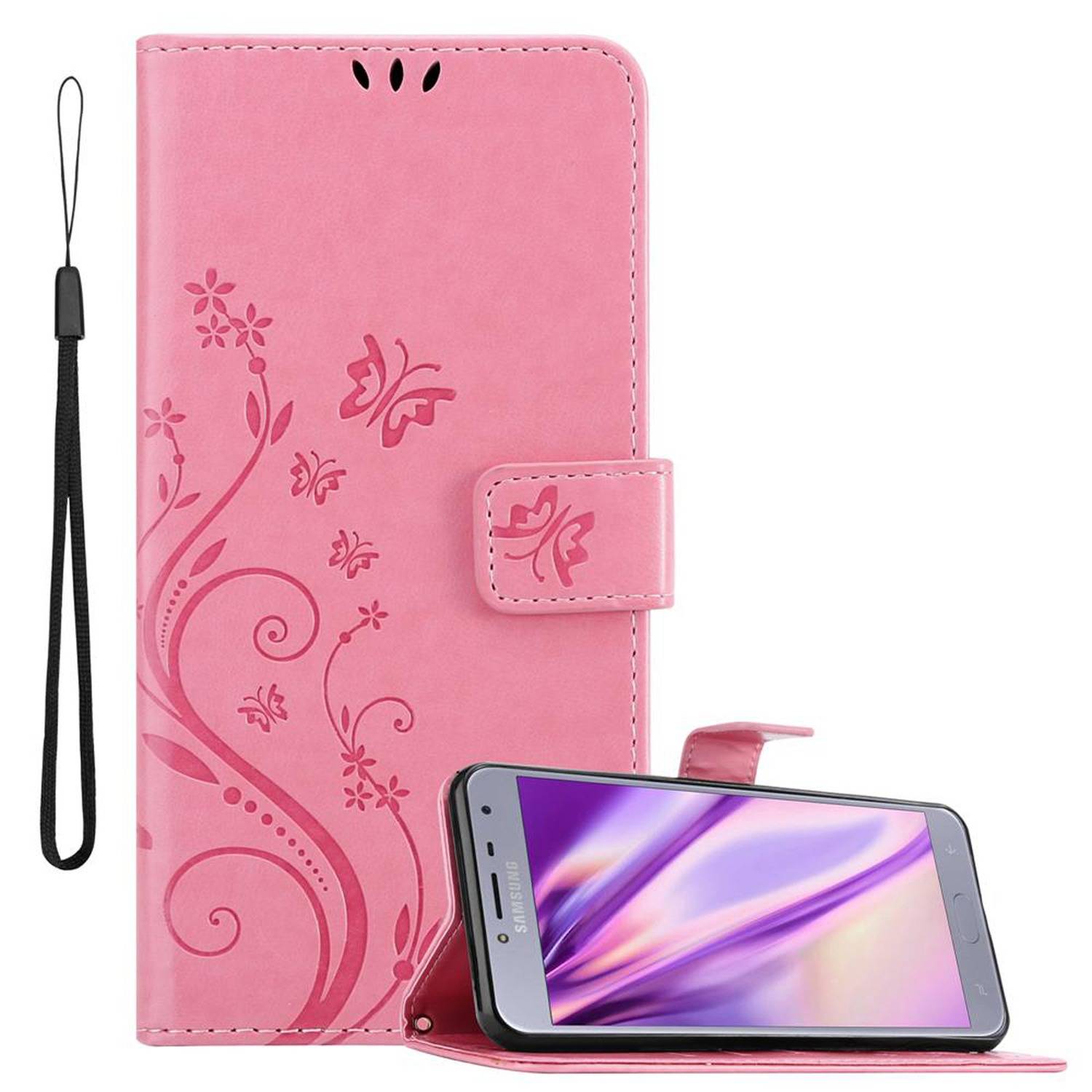 Cadorabo Hülle für Samsung Galaxy J4 2018 Schutz Hülle in Rosa Schutzhülle Handy Hülle Etui Case Blumen Flower