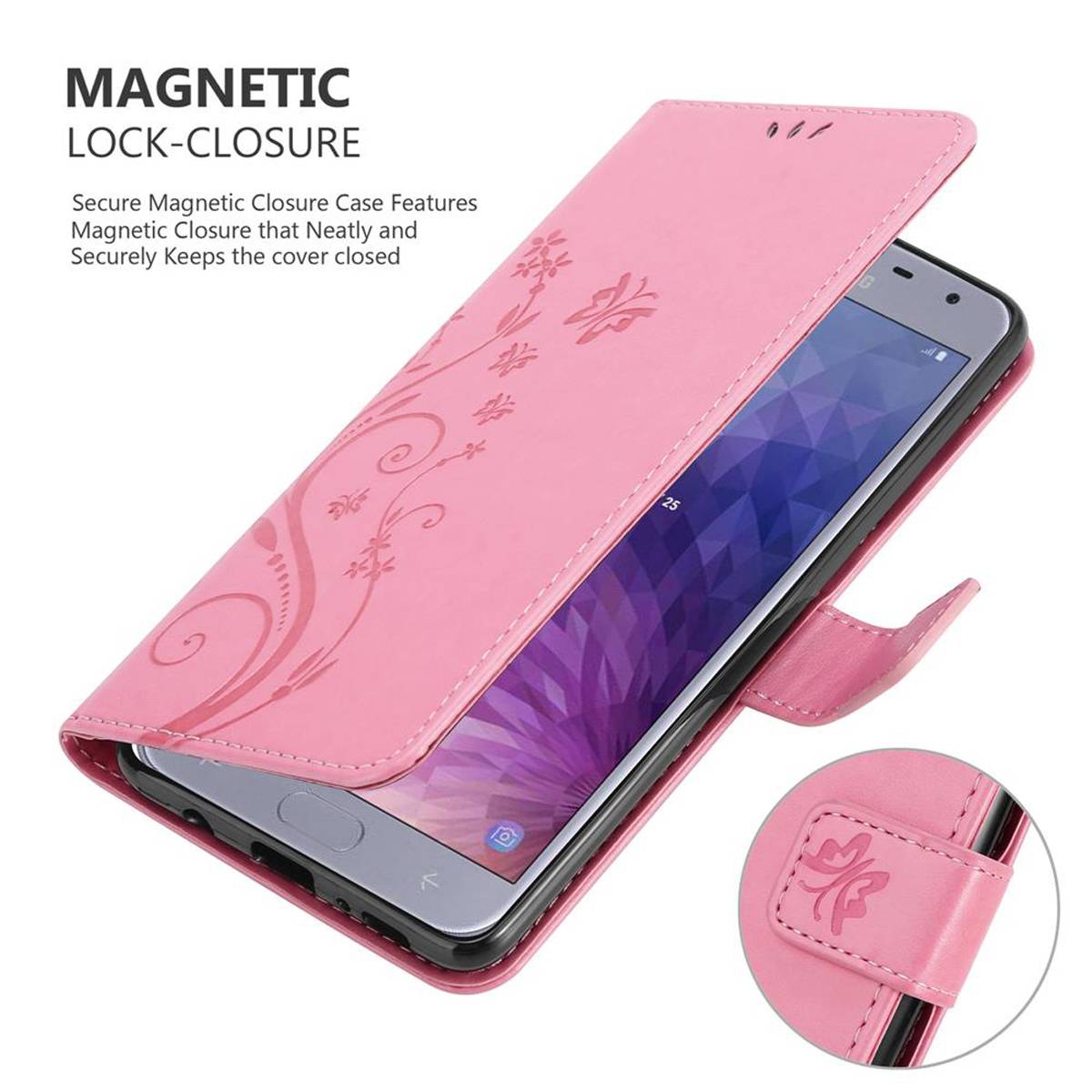 Cadorabo Hülle für Samsung Galaxy J4 2018 Schutz Hülle in Rosa Schutzhülle Handy Hülle Etui Case Blumen Flower