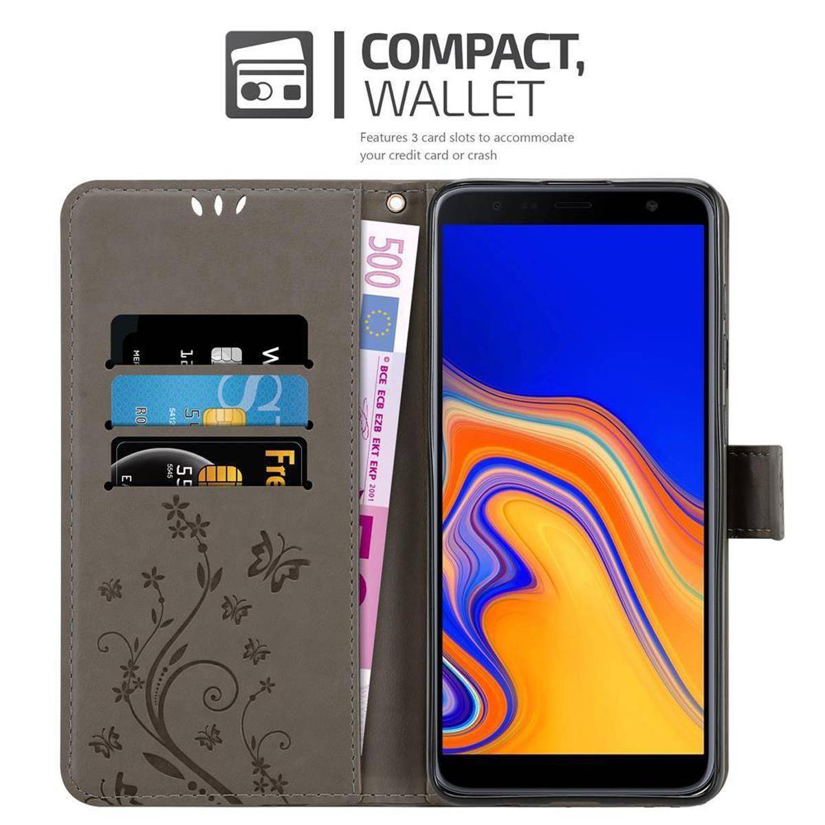 Cadorabo Hülle für Samsung Galaxy J4 PLUS Schutz Hülle in Grau Schutzhülle Handy Hülle Etui Case Blumen Flower