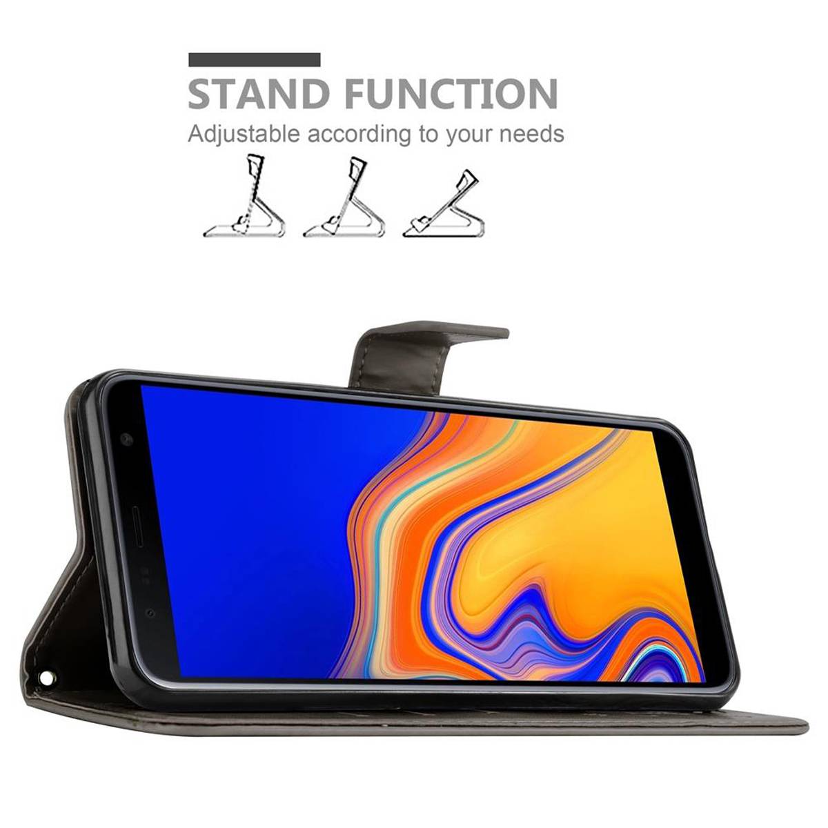 Cadorabo Hülle für Samsung Galaxy J4 PLUS Schutz Hülle in Grau Schutzhülle Handy Hülle Etui Case Blumen Flower