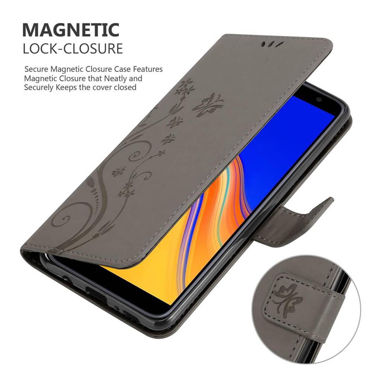 Cadorabo Hülle für Samsung Galaxy J4 PLUS Schutz Hülle in Grau Schutzhülle Handy Hülle Etui Case Blumen Flower