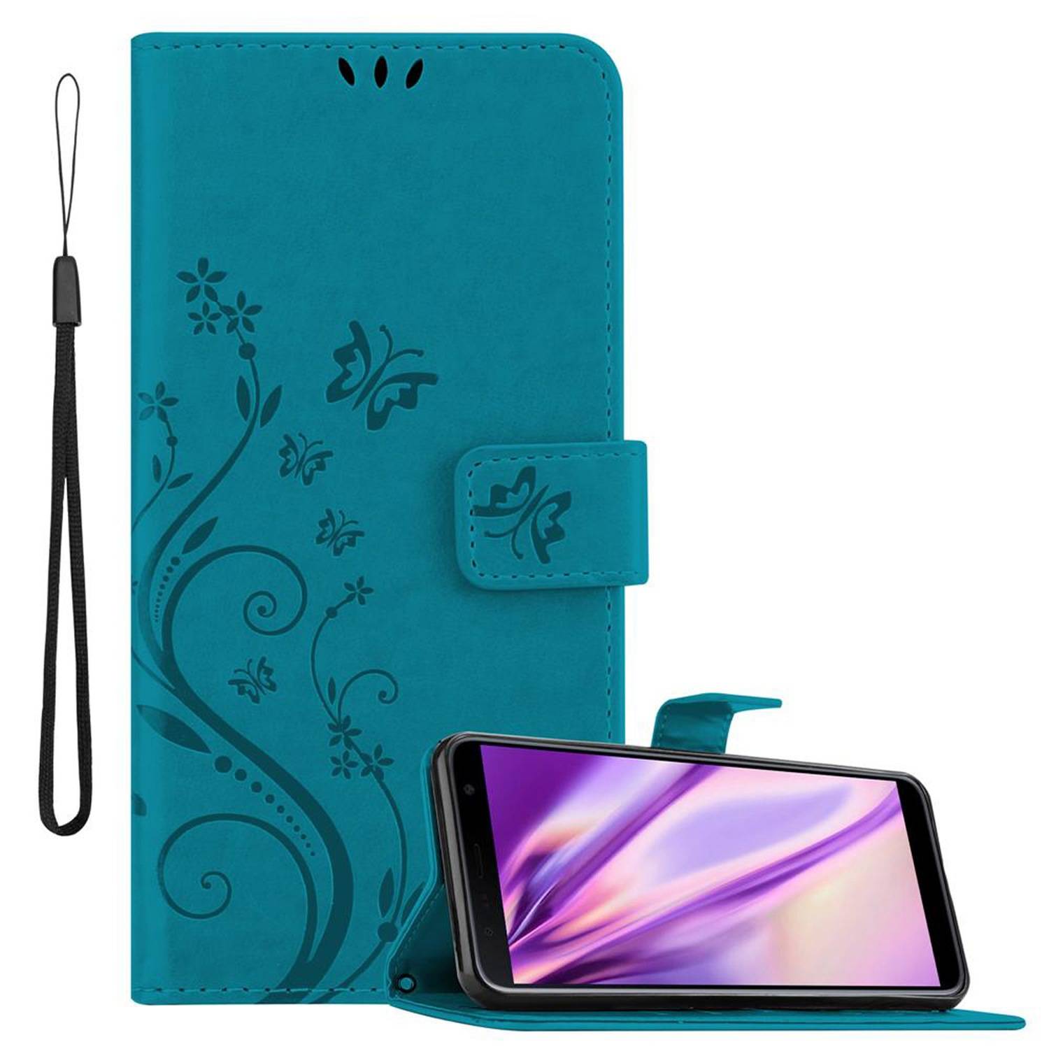 Cadorabo Hülle für Samsung Galaxy J4 PLUS Schutz Hülle in Blau Schutzhülle Handy Hülle Etui Case Blumen Flower