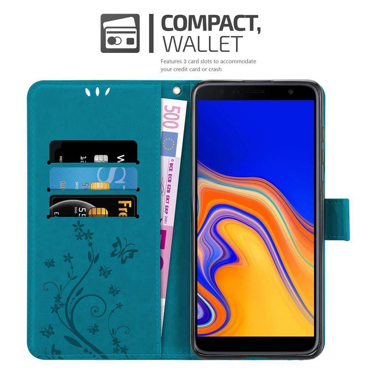 Cadorabo Hülle für Samsung Galaxy J4 PLUS Schutz Hülle in Blau Schutzhülle Handy Hülle Etui Case Blumen Flower
