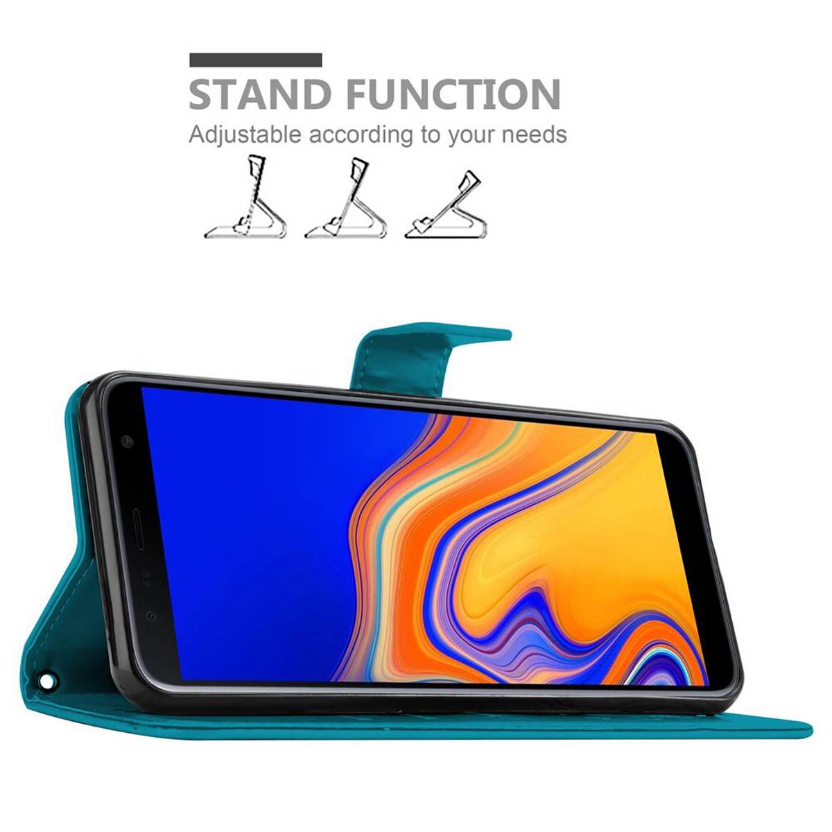 Cadorabo Hülle für Samsung Galaxy J4 PLUS Schutz Hülle in Blau Schutzhülle Handy Hülle Etui Case Blumen Flower
