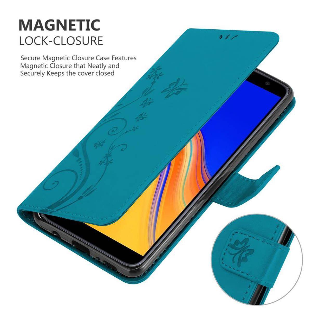 Cadorabo Hülle für Samsung Galaxy J4 PLUS Schutz Hülle in Blau Schutzhülle Handy Hülle Etui Case Blumen Flower