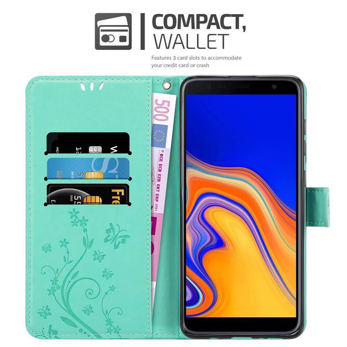 Cadorabo Hülle für Samsung Galaxy J4 PLUS Schutz Hülle in Türkis Schutzhülle Handy Hülle Etui Case Blumen Flower