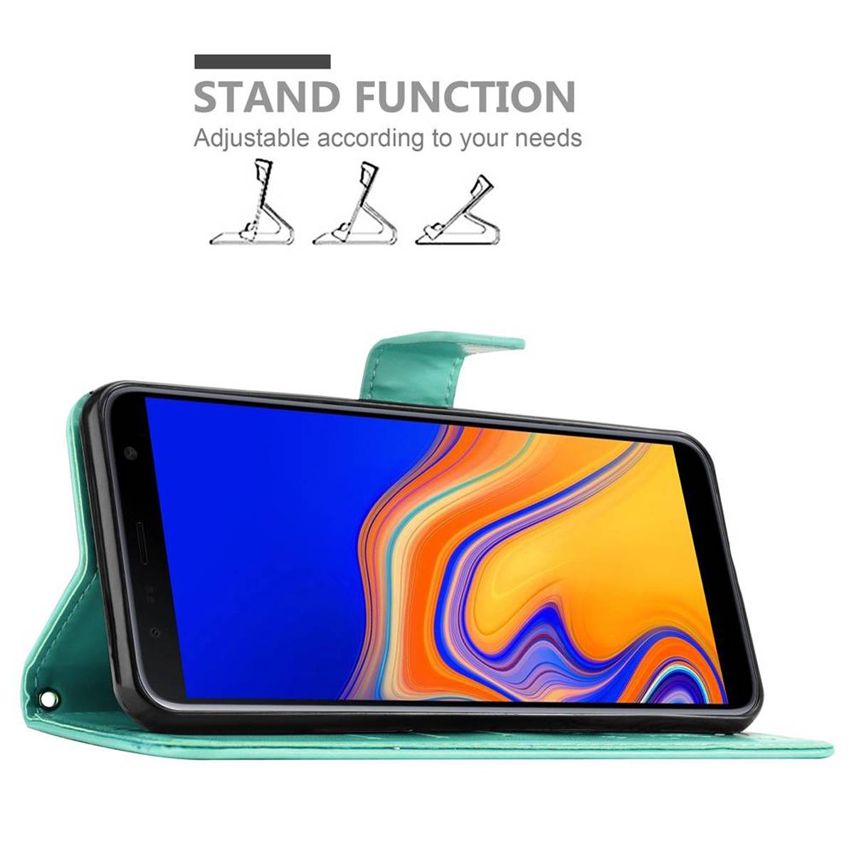 Cadorabo Hülle für Samsung Galaxy J4 PLUS Schutz Hülle in Türkis Schutzhülle Handy Hülle Etui Case Blumen Flower