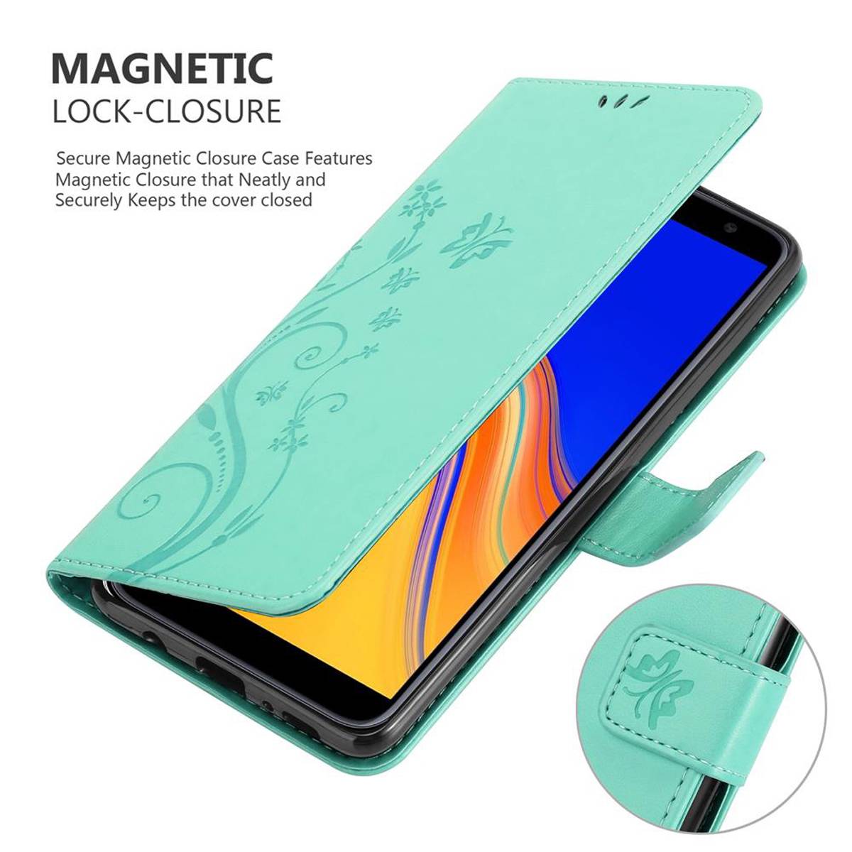 Cadorabo Hülle für Samsung Galaxy J4 PLUS Schutz Hülle in Türkis Schutzhülle Handy Hülle Etui Case Blumen Flower