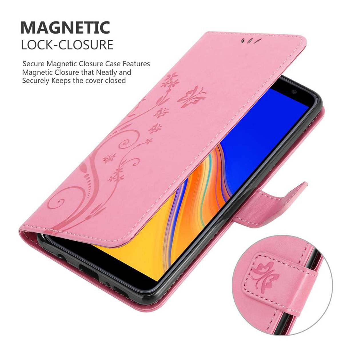 Cadorabo Hülle für Samsung Galaxy J4 PLUS Schutz Hülle in Rosa Schutzhülle Handy Hülle Etui Case Blumen Flower
