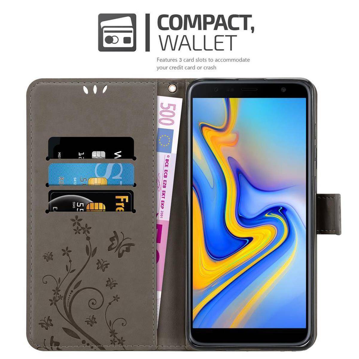 Cadorabo Hülle für Samsung Galaxy J6 PLUS Schutz Hülle in Grau Schutzhülle Handy Hülle Etui Case Blumen Flower
