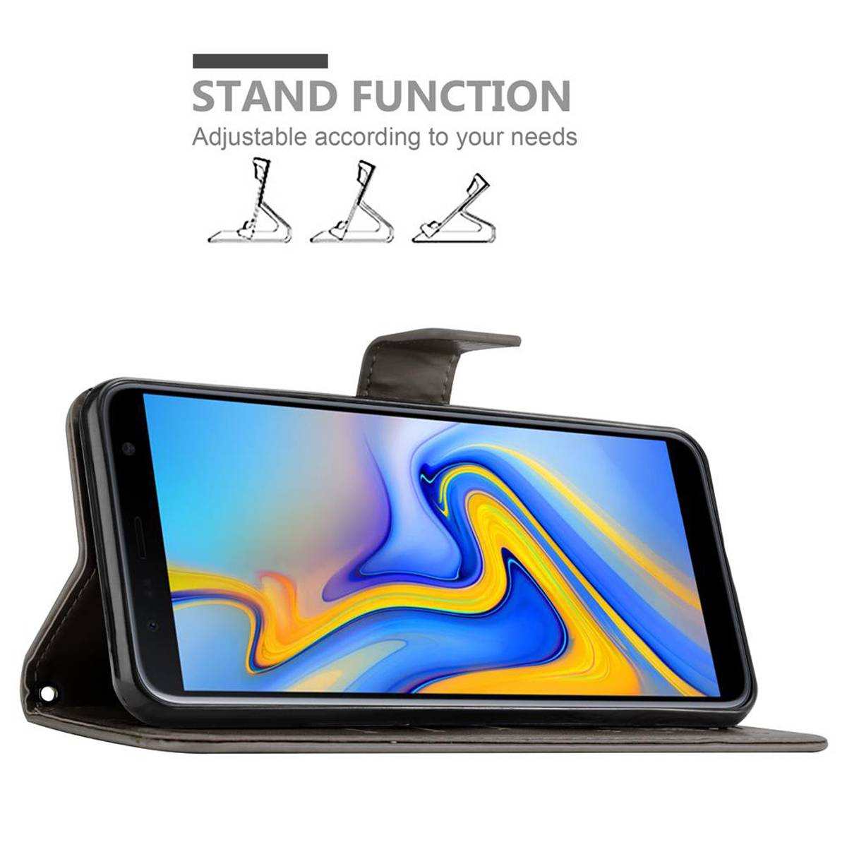Cadorabo Hülle für Samsung Galaxy J6 PLUS Schutz Hülle in Grau Schutzhülle Handy Hülle Etui Case Blumen Flower