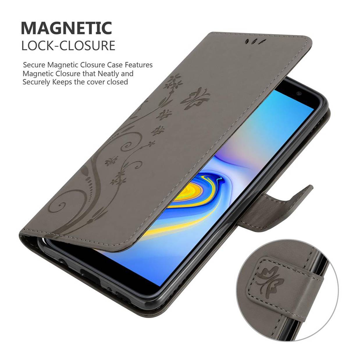Cadorabo Hülle für Samsung Galaxy J6 PLUS Schutz Hülle in Grau Schutzhülle Handy Hülle Etui Case Blumen Flower