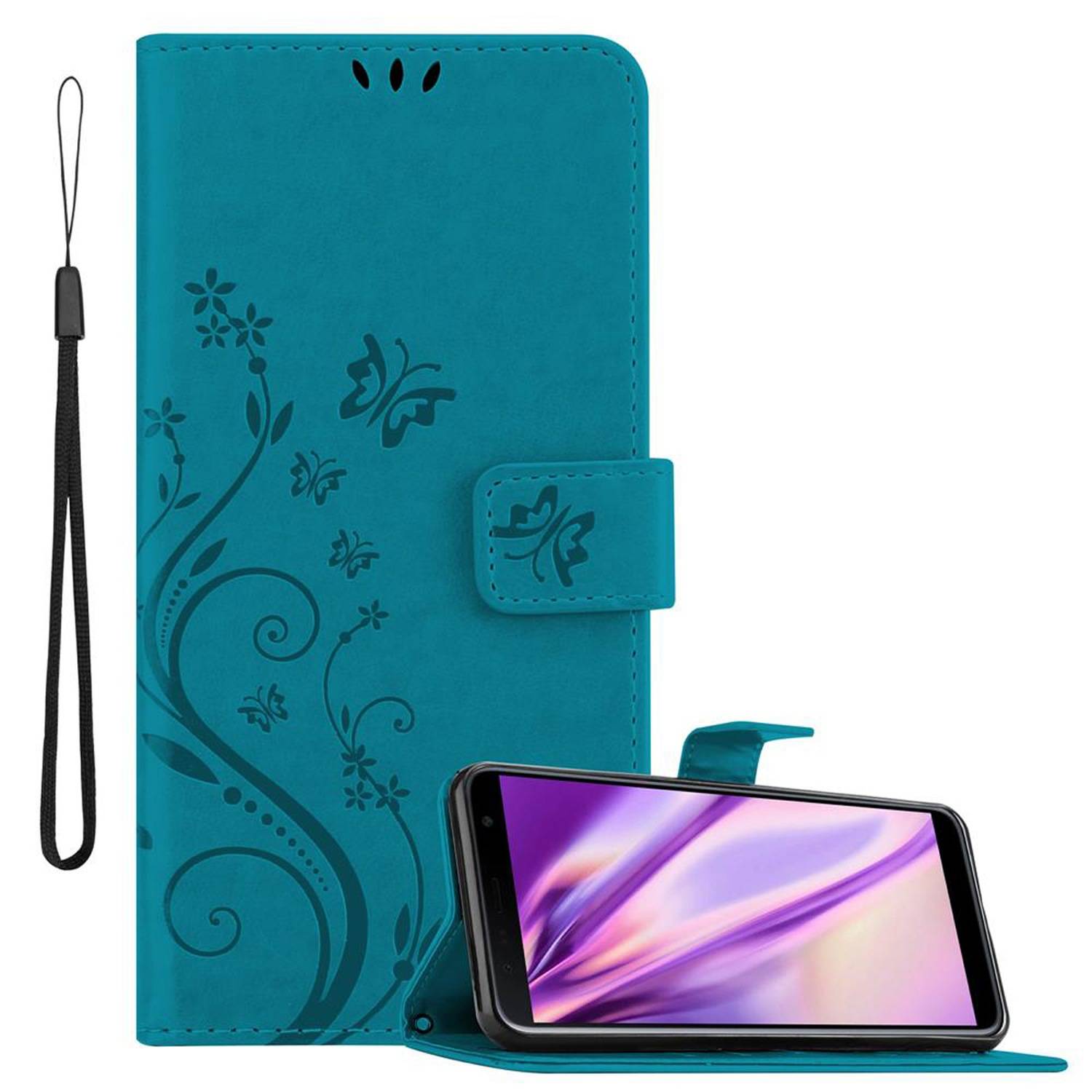 Cadorabo Hülle für Samsung Galaxy J6 PLUS Schutz Hülle in Blau Schutzhülle Handy Hülle Etui Case Blumen Flower