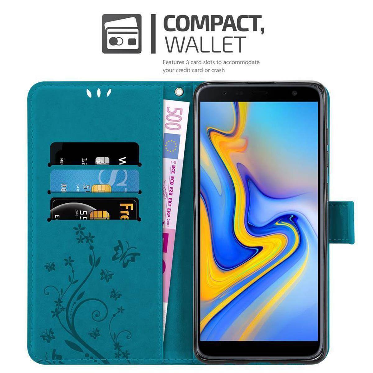 Cadorabo Hülle für Samsung Galaxy J6 PLUS Schutz Hülle in Blau Schutzhülle Handy Hülle Etui Case Blumen Flower