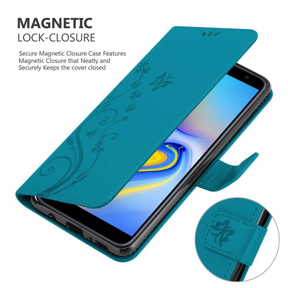 Cadorabo Hülle für Samsung Galaxy J6 PLUS Schutz Hülle in Blau Schutzhülle Handy Hülle Etui Case Blumen Flower