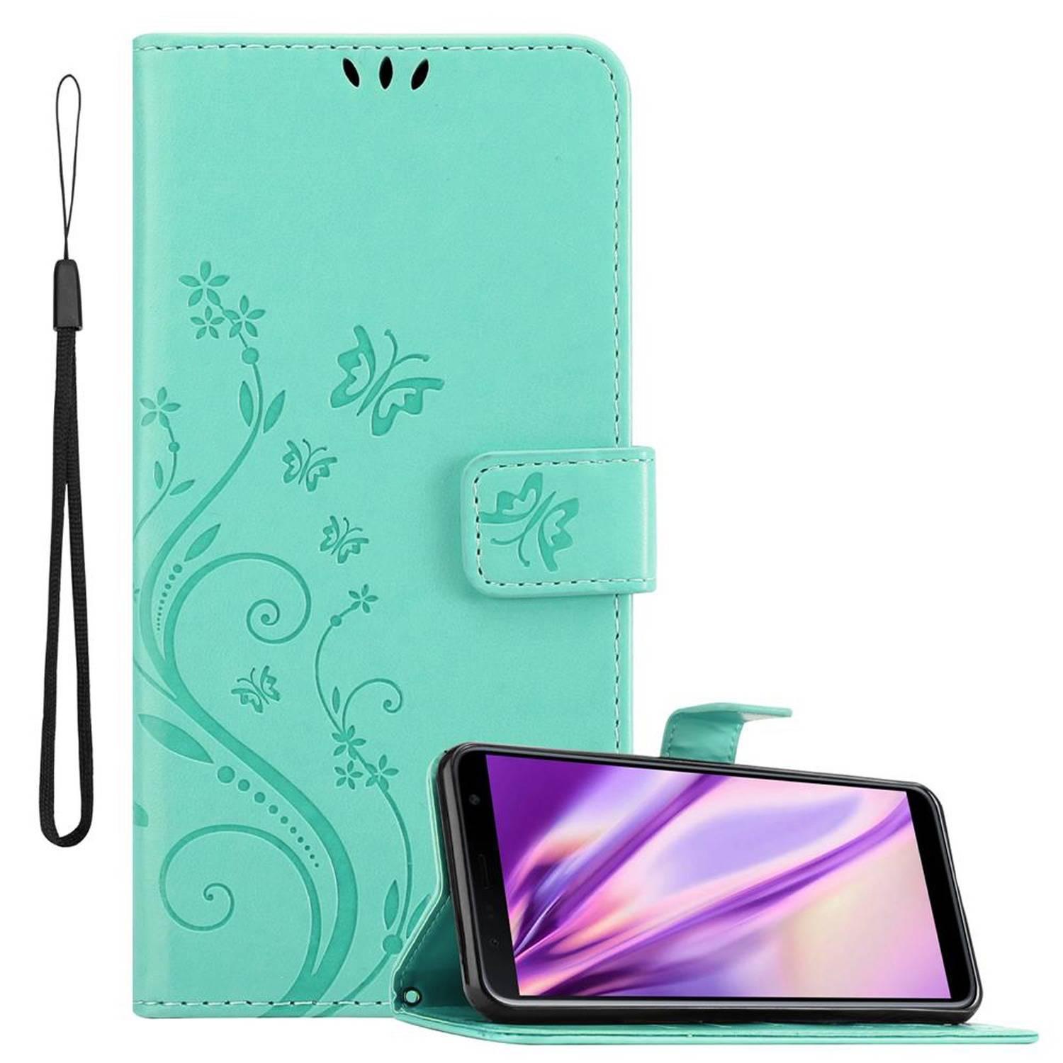 Cadorabo Hülle für Samsung Galaxy J6 PLUS Schutz Hülle in Türkis Schutzhülle Handy Hülle Etui Case Blumen Flower