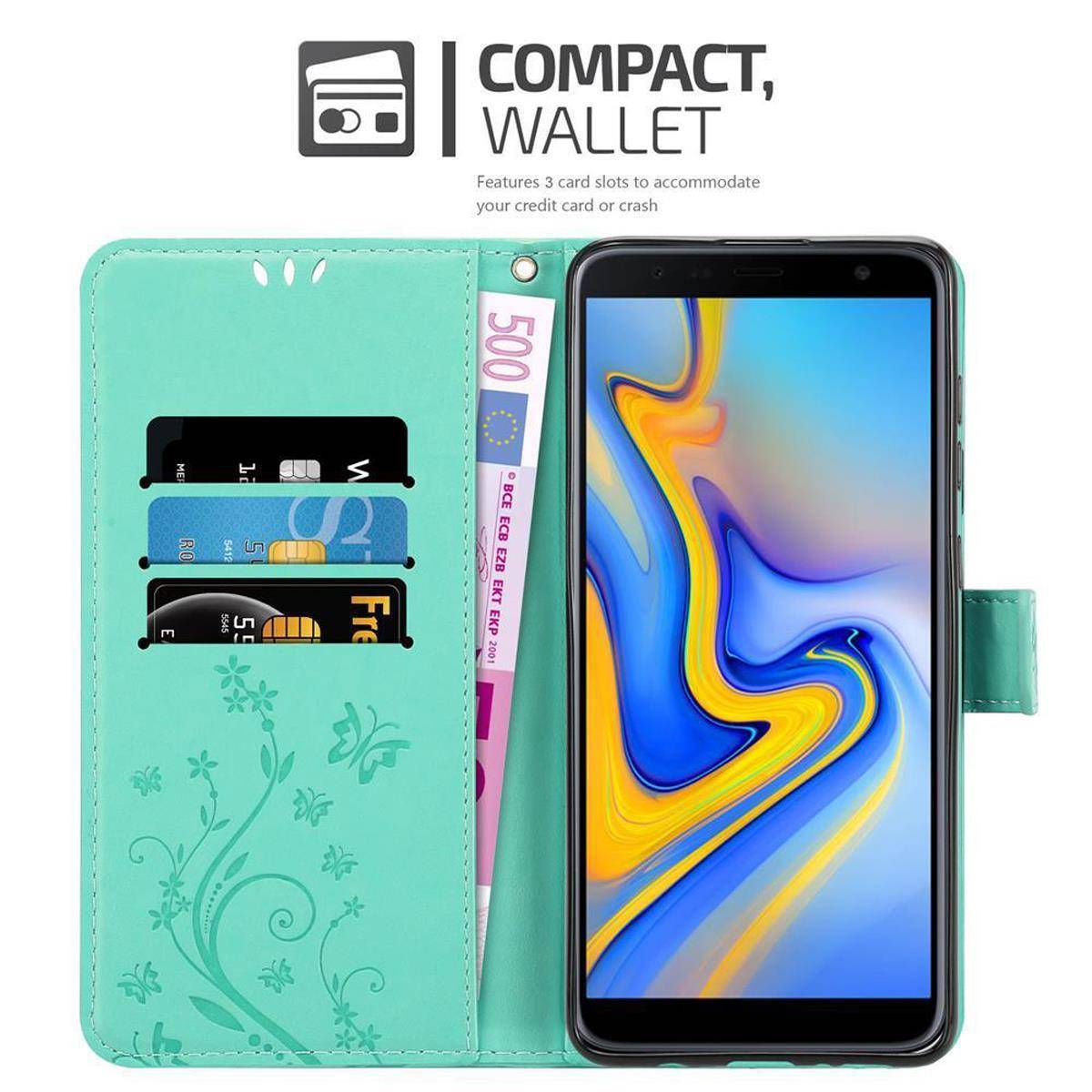 Cadorabo Hülle für Samsung Galaxy J6 PLUS Schutz Hülle in Türkis Schutzhülle Handy Hülle Etui Case Blumen Flower