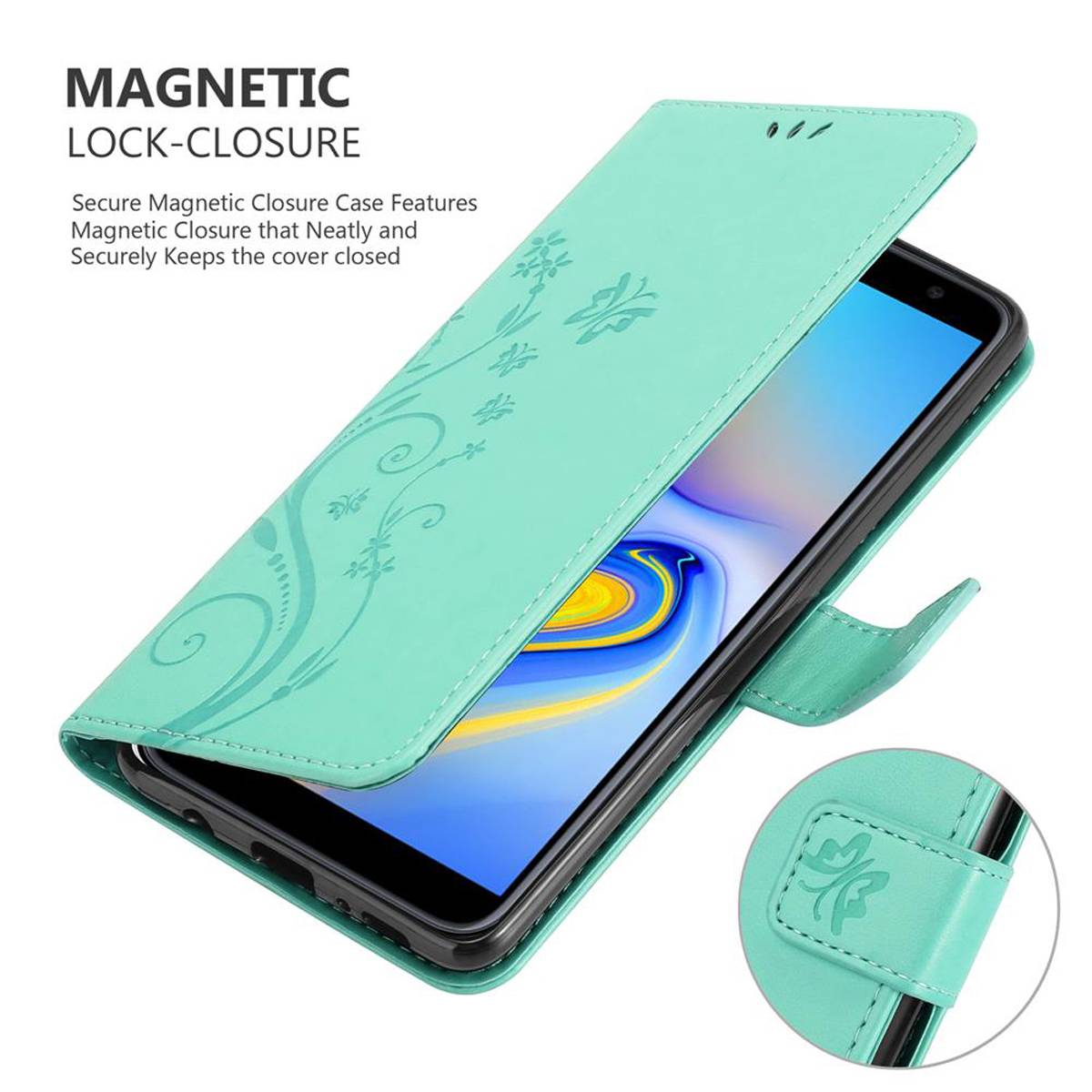 Cadorabo Hülle für Samsung Galaxy J6 PLUS Schutz Hülle in Türkis Schutzhülle Handy Hülle Etui Case Blumen Flower