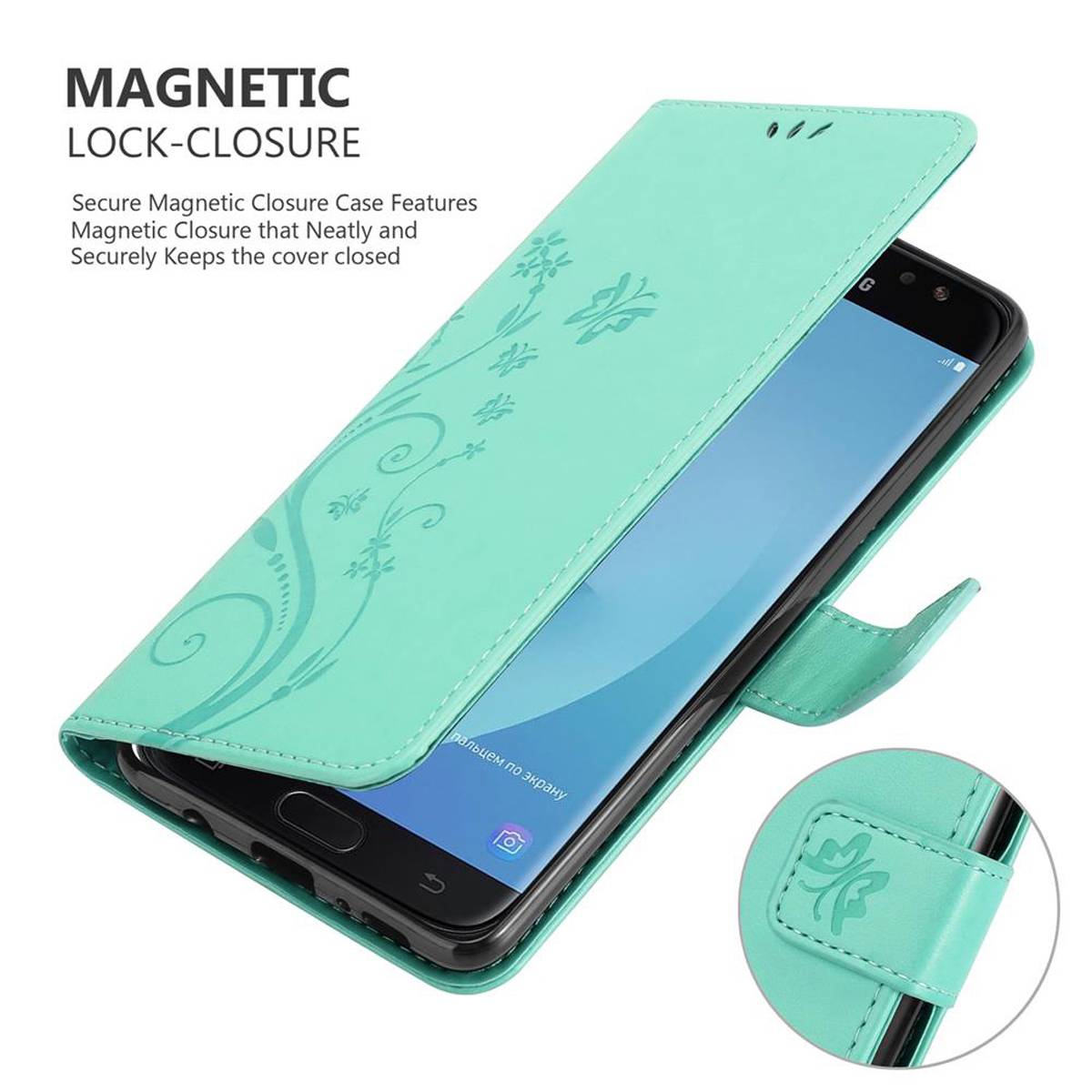 Cadorabo Hülle für Samsung Galaxy J7 2018 Schutz Hülle in Türkis Schutzhülle Handy Hülle Etui Case Blumen Flower