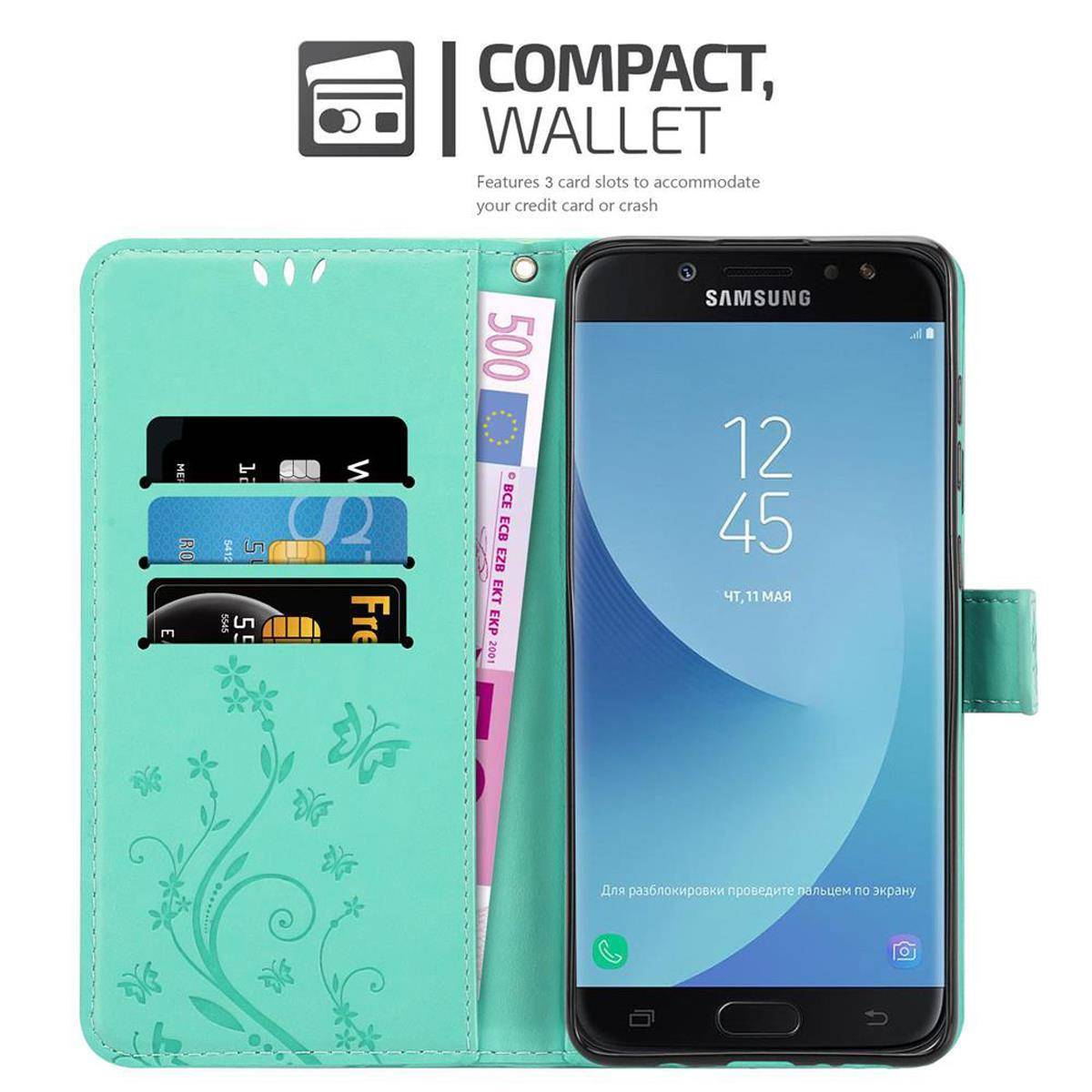 Cadorabo Hülle für Samsung Galaxy J7 2018 Schutz Hülle in Türkis Schutzhülle Handy Hülle Etui Case Blumen Flower