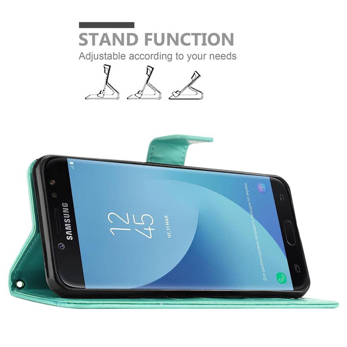 Cadorabo Hülle für Samsung Galaxy J7 2018 Schutz Hülle in Türkis Schutzhülle Handy Hülle Etui Case Blumen Flower