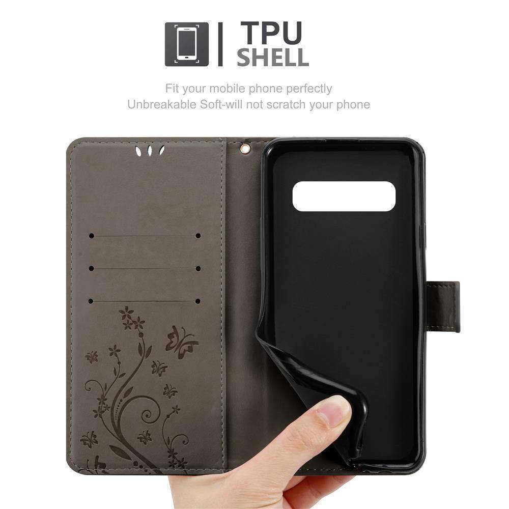 Cadorabo Hülle für Samsung Galaxy S10 PLUS Schutz Hülle in Grau Schutzhülle Handy Hülle Etui Case Blumen Flower