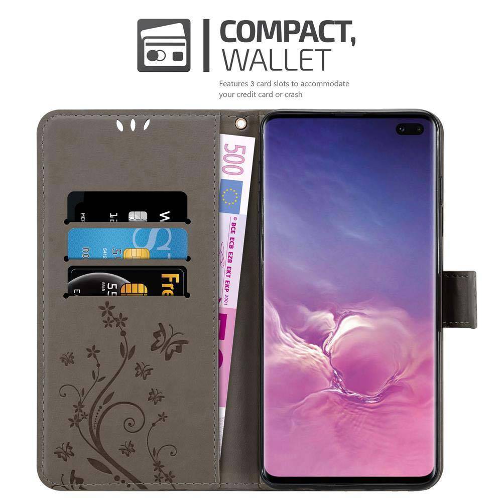 Cadorabo Hülle für Samsung Galaxy S10 PLUS Schutz Hülle in Grau Schutzhülle Handy Hülle Etui Case Blumen Flower