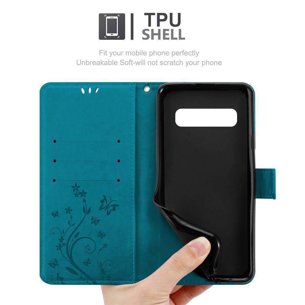 Cadorabo Hülle für Samsung Galaxy S10 PLUS Schutz Hülle in Blau Schutzhülle Handy Hülle Etui Case Blumen Flower