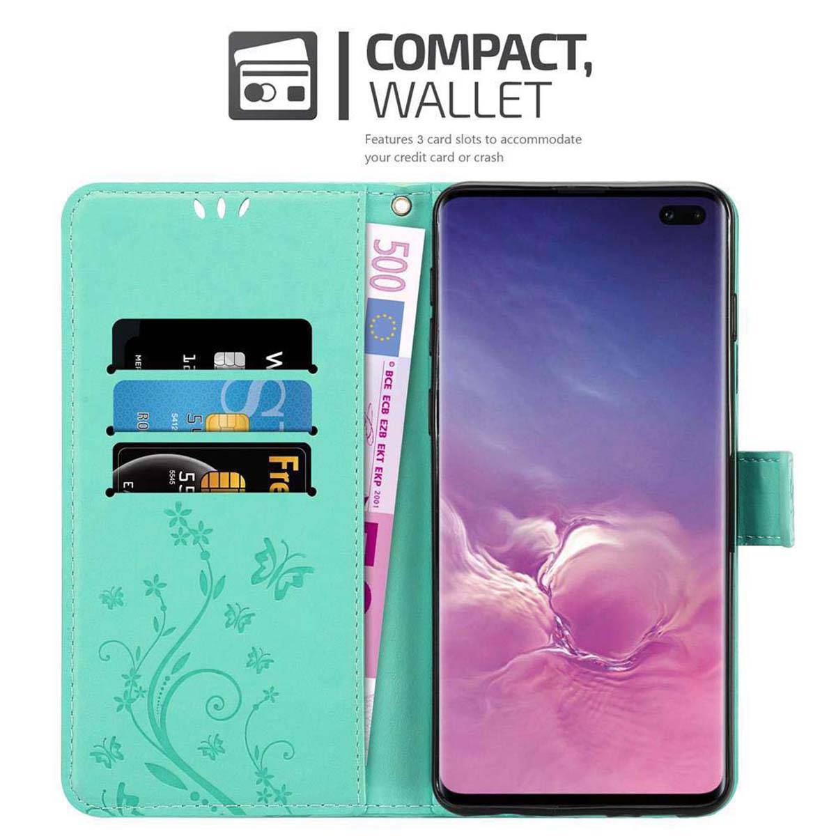 Cadorabo Hülle für Samsung Galaxy S10 PLUS Schutz Hülle in Türkis Schutzhülle Handy Hülle Etui Case Blumen Flower