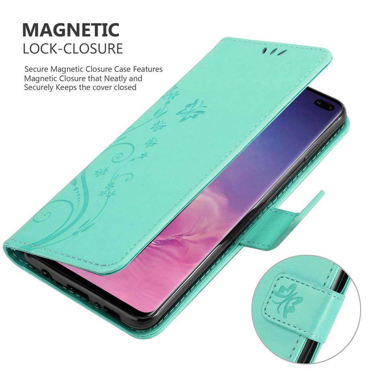 Cadorabo Hülle für Samsung Galaxy S10 PLUS Schutz Hülle in Türkis Schutzhülle Handy Hülle Etui Case Blumen Flower