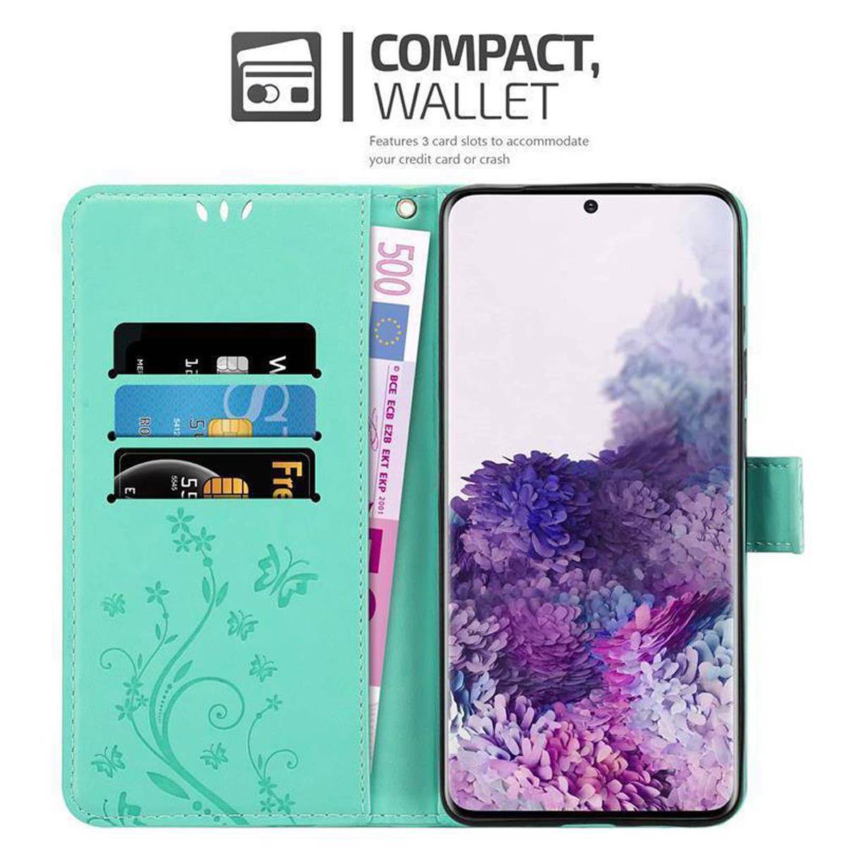 Cadorabo Hülle für Samsung Galaxy S20 Schutz Hülle in Türkis Schutzhülle Handy Hülle Etui Case Blumen Flower