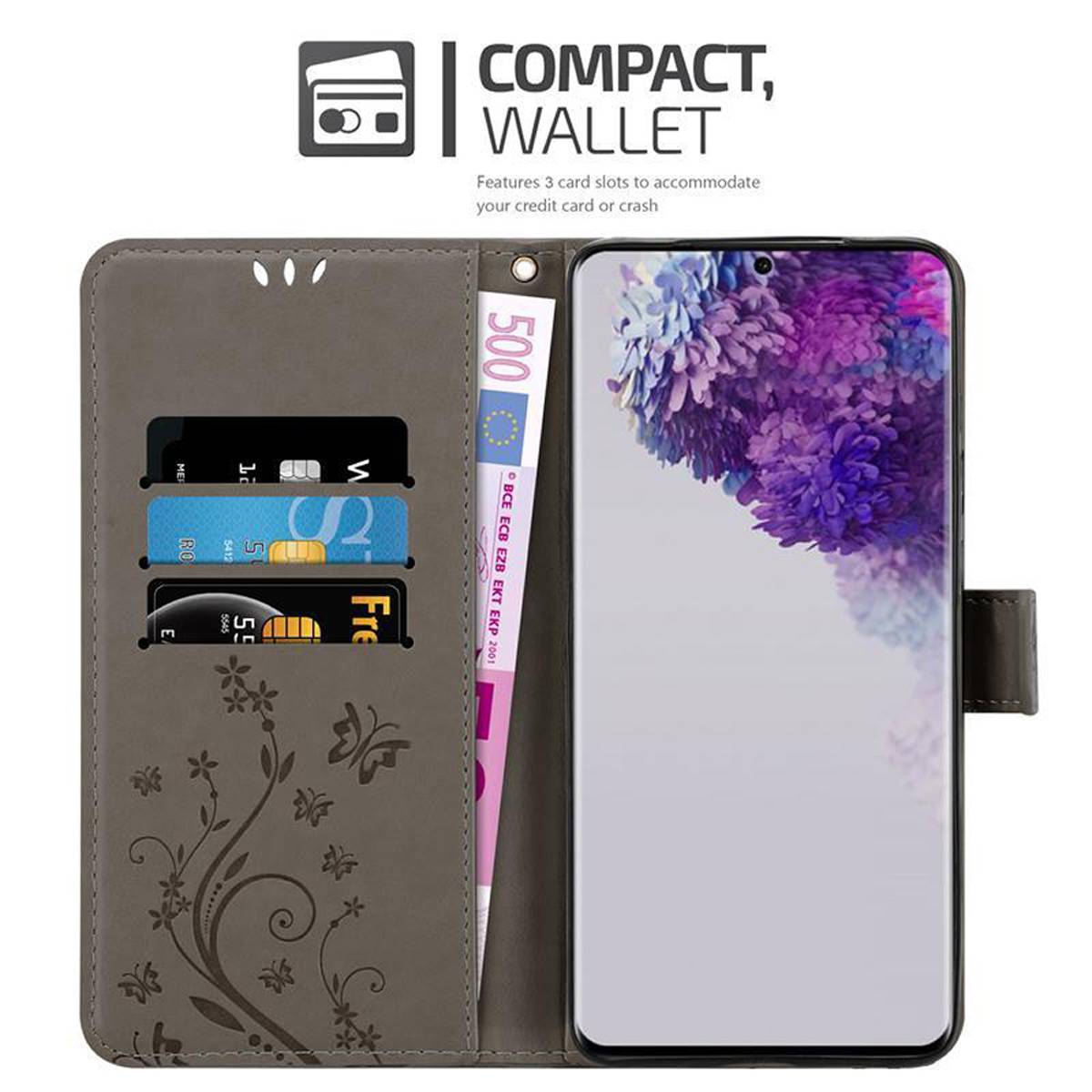 Cadorabo Hülle für Samsung Galaxy S20 ULTRA Schutz Hülle in Grau Schutzhülle Handy Hülle Etui Case Blumen Flower