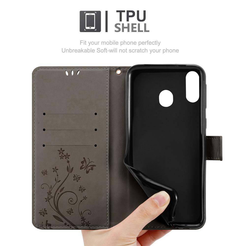 Cadorabo Hülle für Samsung Galaxy M20 Schutz Hülle in Grau Schutzhülle Handy Hülle Etui Case Blumen Flower
