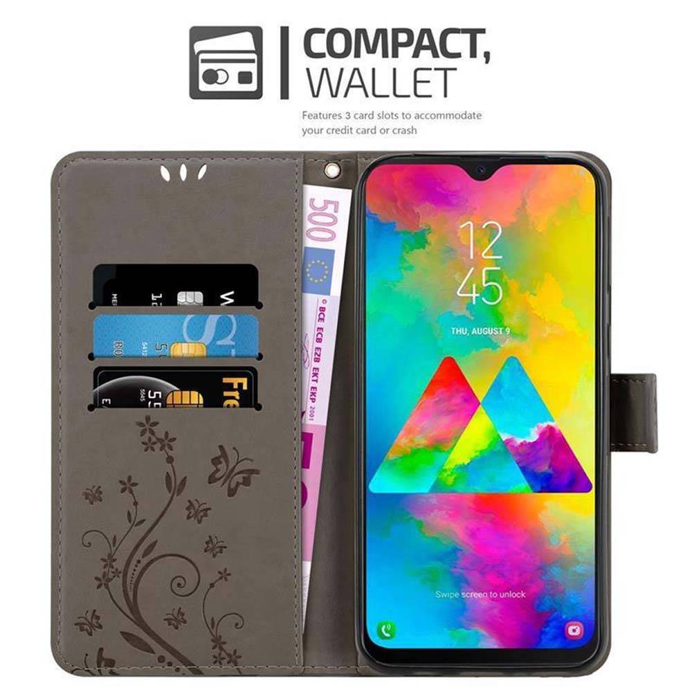 Cadorabo Hülle für Samsung Galaxy M20 Schutz Hülle in Grau Schutzhülle Handy Hülle Etui Case Blumen Flower