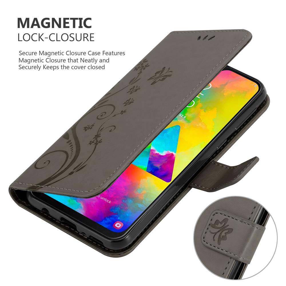 Cadorabo Hülle für Samsung Galaxy M20 Schutz Hülle in Grau Schutzhülle Handy Hülle Etui Case Blumen Flower