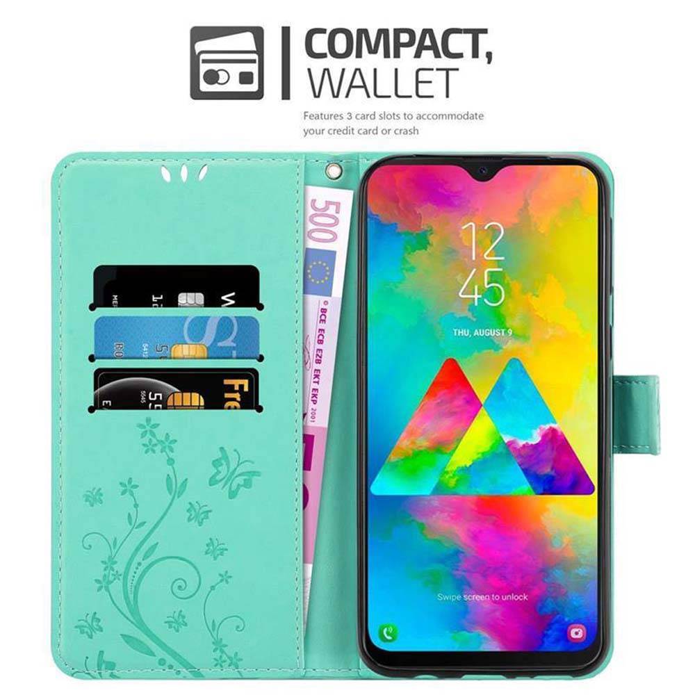 Cadorabo Hülle für Samsung Galaxy M20 Schutz Hülle in Türkis Schutzhülle Handy Hülle Etui Case Blumen Flower