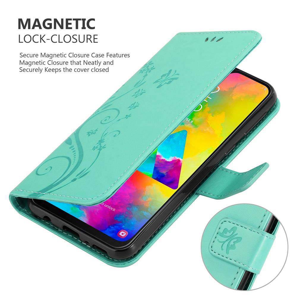 Cadorabo Hülle für Samsung Galaxy M20 Schutz Hülle in Türkis Schutzhülle Handy Hülle Etui Case Blumen Flower