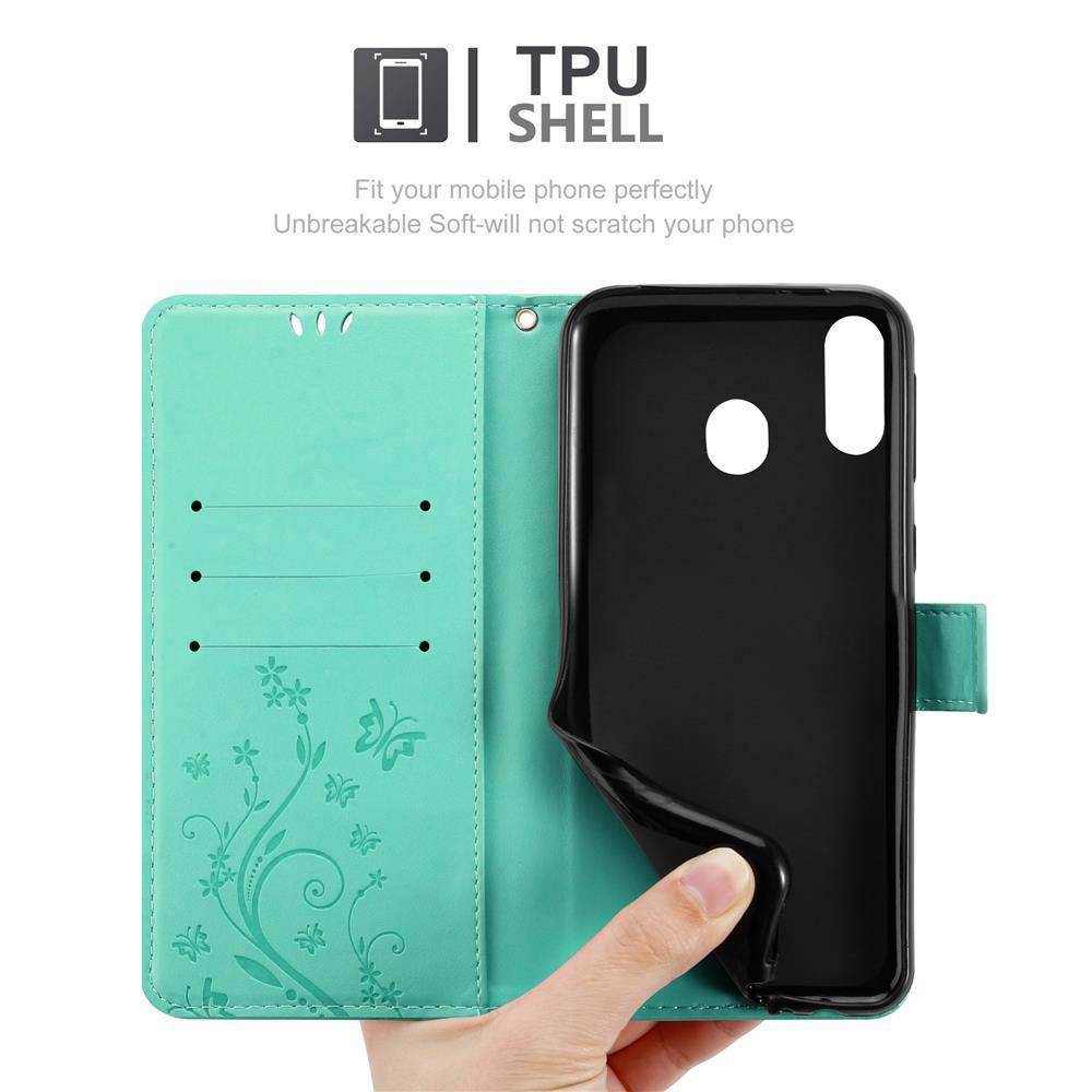 Cadorabo Hülle für Samsung Galaxy M20 Schutz Hülle in Türkis Schutzhülle Handy Hülle Etui Case Blumen Flower