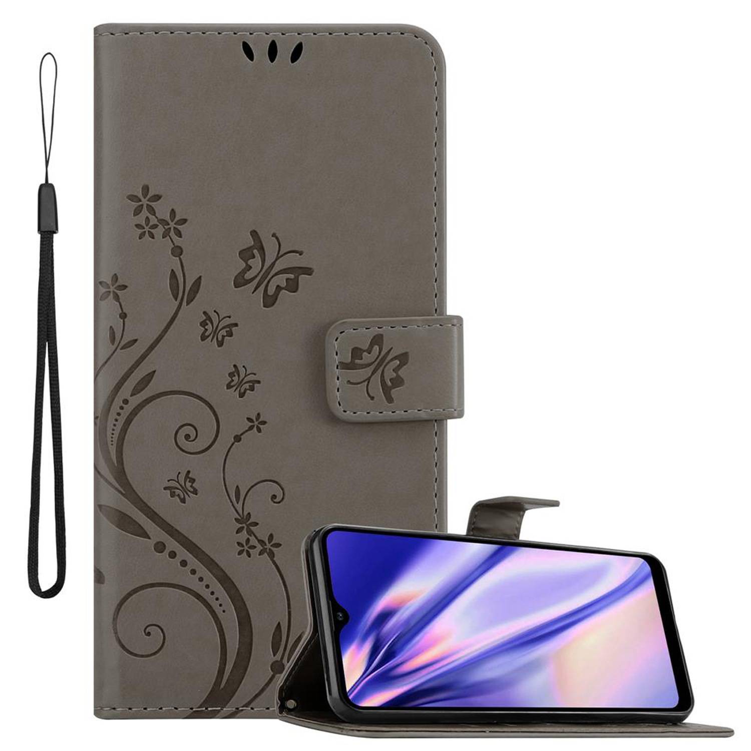 Cadorabo Hülle für Samsung Galaxy A21 Schutz Hülle in Grau Schutzhülle Handy Hülle Etui Case Blumen Flower